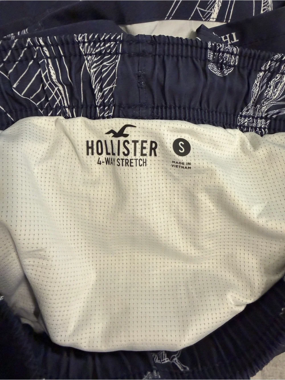 Hollister Navy and White Sailboat Print Swim Trunks